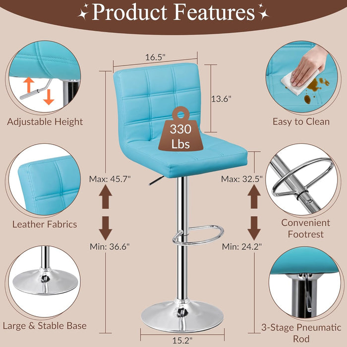 Set of 4 Adjustable Swivel Barstools, Modern PU Leather Kitchen Counter Bar Stools, Square Back Bar Stool (Blue)