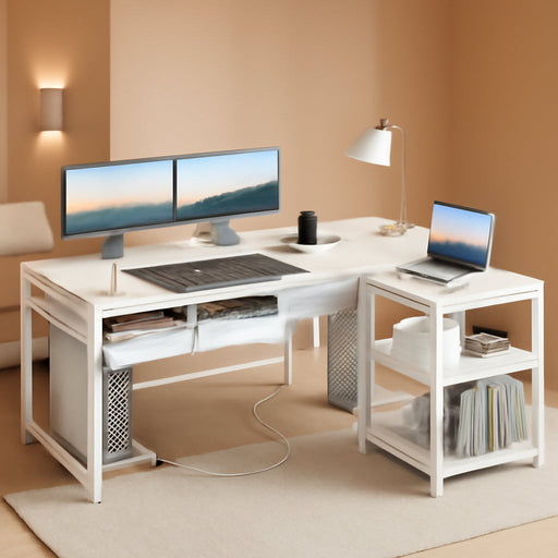 53 Inch L Shaped Computer Desk with Drawers, Corner Desk with Power Outlets & Reversible Storage Shelves, Movable CPU Stand for Home Office Gaming, White