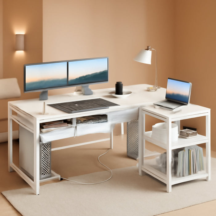 53 Inch L Shaped Computer Desk with Drawers, Corner Desk with Power Outlets & Reversible Storage Shelves, Movable CPU Stand for Home Office Gaming, White