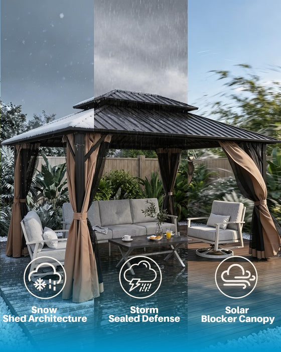 10' X 12' Hardtop Gazebo, Aluminum Frame Outdoor Patio Gazebo with Netting and Curtains, Outdoor Hardtop Gazebos, Patio Pergolas with Double Metal Roofs for Backyard, Patio, Deck, Sandstone