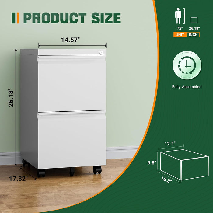 2 Drawer Mobile File Cabinet with Lock,Under Desk Metal Filing Cabinets for Home Office Organizer Letters/Legal/A4(Fully Assembled-White)