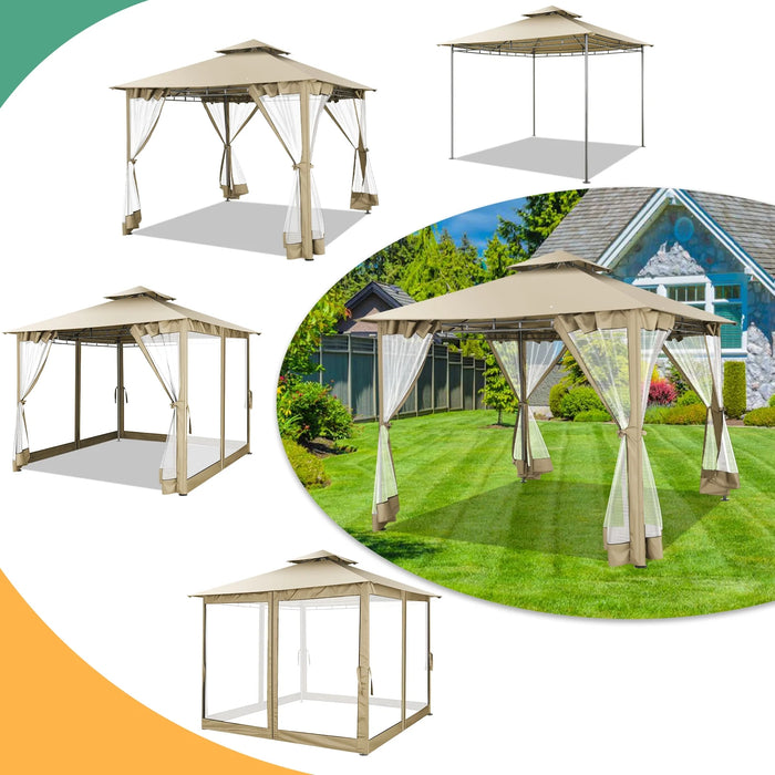 10'X10' Outdoor Gazebo Canopy, Canopy Tent with Mosquito Netting,Screened Gazebo with Corner Shelf Stable Steel Frame Double Roof Tops, Shade Tent for Party, Backyard, Patio Lawn, Garden,Khaki