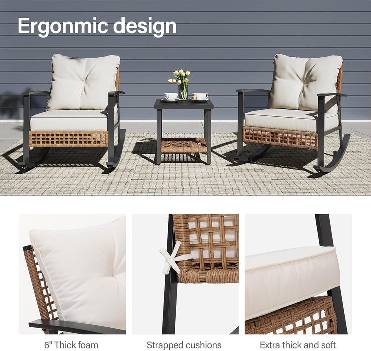 3-Piece Outdoor Rocking Chairs Bistro Set, Rattan Patio Furniture
