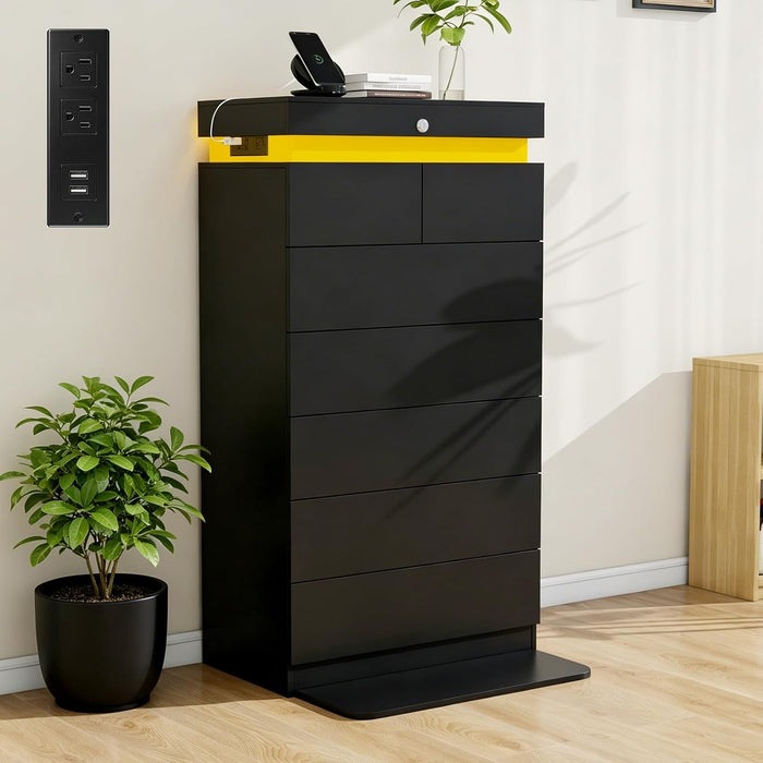 51" Tall Black Dresser 7 Drawer with LED Lights & Charging Station