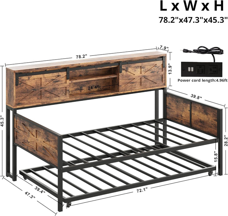 Daybed with Trundle Bed, Sofa Bed Twin with Charging Station, with Storage Headboard & Strong Support, for Living Room, Bedroom and Guest Room, Industrial Brown