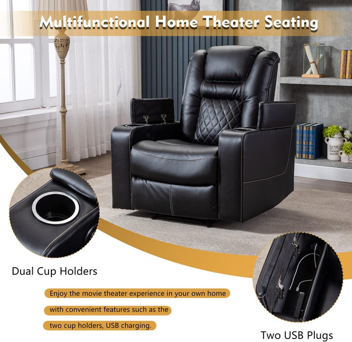 Black Leather Recliner with USB & Cup Holders