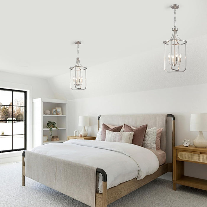 12.4" Brushed Nickel Lantern Chandeliers for Dining Room 4 Lights Farmhouse Geometric Cage Pendant Lighting Fixture Adjustable Height Hanging Lamp for Kitchen Island Entryway Living Room Foyer