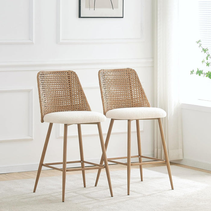 Rattan Counter Height Bar Stools Set of 2, 26" Boucle Fabric Upholstered Barstools with PE Rattan Cane Back, Bar Chairs Counter Stools for Kitchen Island,Beige White