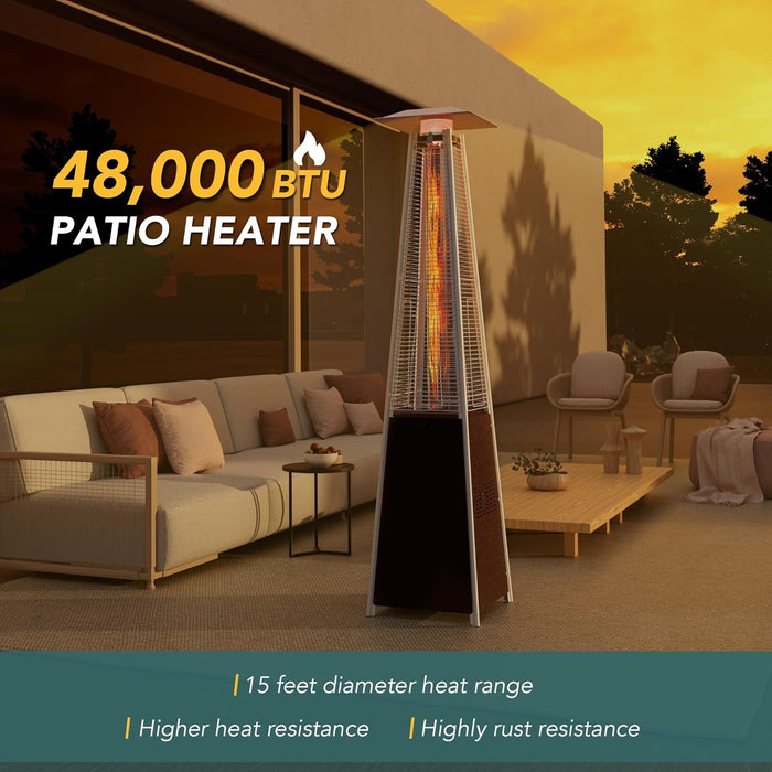 Patio Heater, 48,000 BTU Pyramid Flame Outdoor Heater with Cover, Quartz Glass Tube Hammered Bronze Tower Propane Outdoor Heater with Wheels