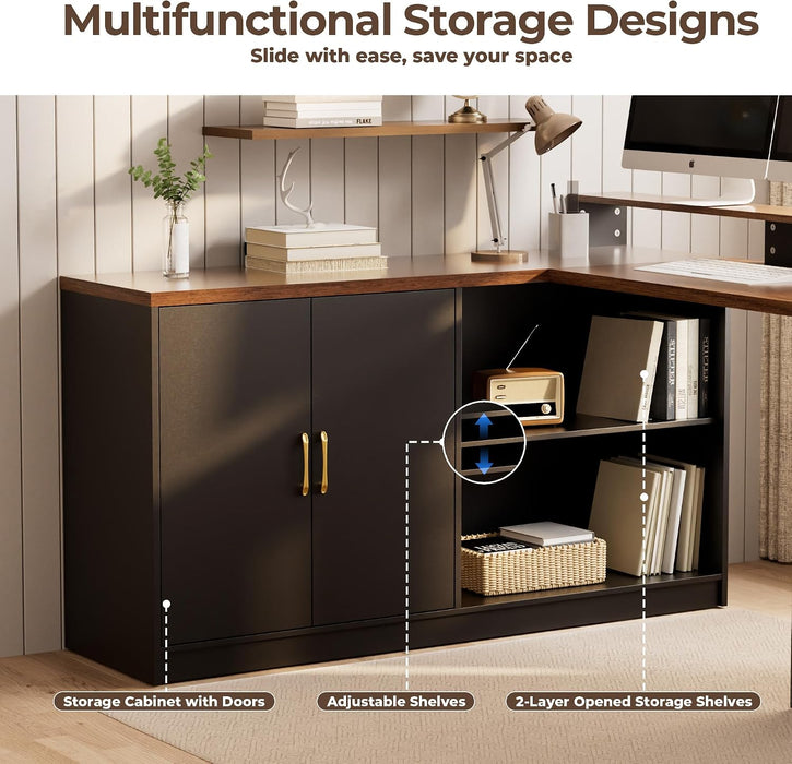 63" L Shaped Executive Desk with Drawers & Monitor Stand, Corner Desk