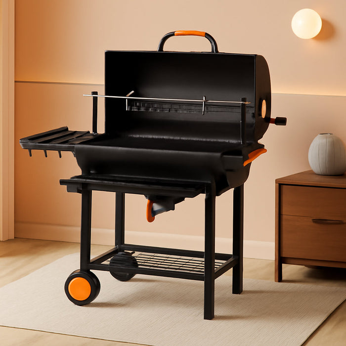 29-Inch Barrel Charcoal Grill, Heavy Duty BBQ Grill with Manual Rotisserie Meat Fork, Detachable Windproof Ash Collector Barbecue Smoker Grill Combo for Backyard, Patio and Parties ﻿