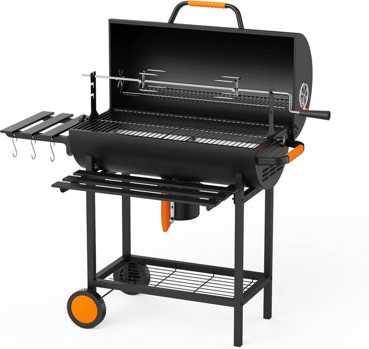 29-Inch Barrel Charcoal Grill, Heavy Duty BBQ Grill with Manual Rotisserie Meat Fork, Detachable Windproof Ash Collector Barbecue Smoker Grill Combo for Backyard, Patio and Parties ﻿