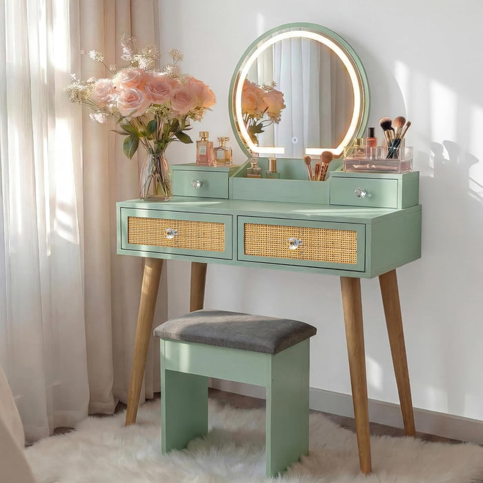 Mint Bohochic Rattan Vanity Desk Illuminated Mirror