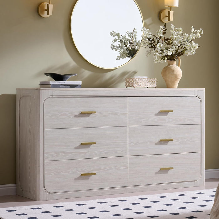 60" Wide Transitional 6-Drawer Dresser for Bedroom, Frosted Oak