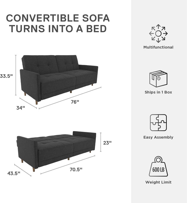 Black Faux Leather Futon Sofa Bed: Modern, Button-Tufted