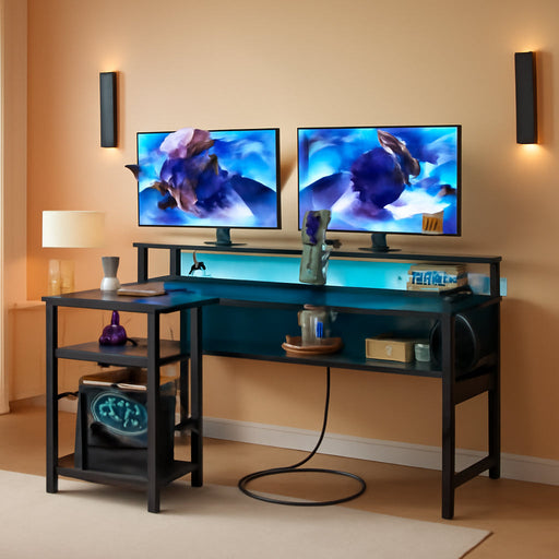 Computer Desk L Shaped 56.7" with LED Lights and Power Outlets, Reversible L Shaped Gaming Desk with Monitor Stand, Home Office Desk with Storage, Desk with USB Port and Hook, Black