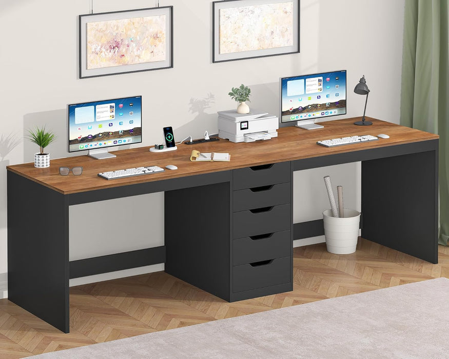 2 Person Desk with 5 Drawers and Power Outlets, 78.7 Inch Long Computer Desk with Storage File Cabinet, Two Person Home Office Double Desk with Storage, Brown and Black