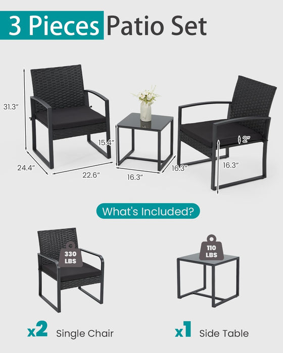 3 Pieces Patio Furniture Set, Outdoor Rattan Bistro Set with Coffee Table, Durable Steel Frame with Strapped Cushions for Garden, Balcony, Poolside, Backyard
