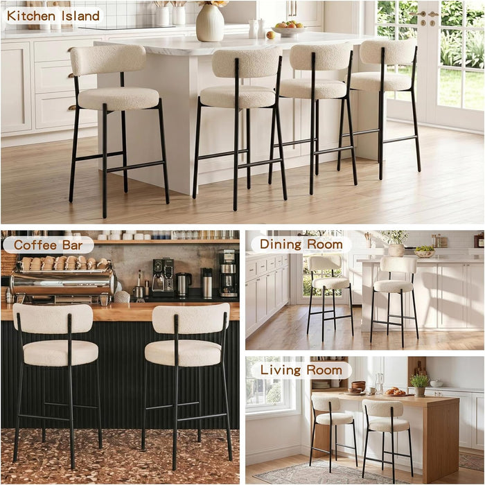 28'' Bar Stools Set of 3, Modern Boucle Counter Height Bar Stools with Ergonomic Curved Back, Upholstered Kitchen Stools, Barstools for Kitchen Island, Bar, Cafe, White