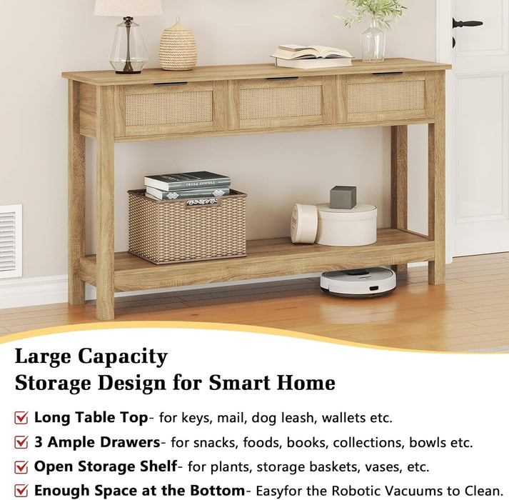Rattan Console Table Boho Entryway Table with 3 Drawers Storage, Narrow Long behind Couch Sofa Table for Living Room Side Table Entry Way Table Entrance Hallway Foyer, Natural, 47 Inch