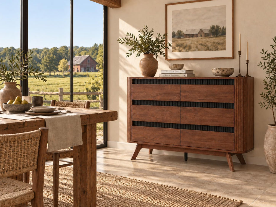 Fluted 6 Drawer Dresser for Bedroom, 47W X 31H, Modern Walnut Brown
