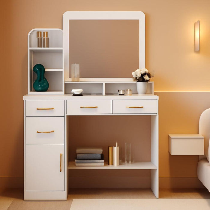 White Makeup Vanity Desk with Mirror & Charging Station, Modern Vanity Table with 4 Drawers, 3 Shelves, 1 Cabinet & Spacious Desktop, 40 Inch Dressing Table with Storage for Bedroom