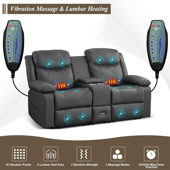 Loveseat Recliner, Reclining Loveseat with Console, Double Reclining Loveseat, 2 Seater Manual Reclining Couch for Living Room, Office, Home Theater(Pu-Grey)