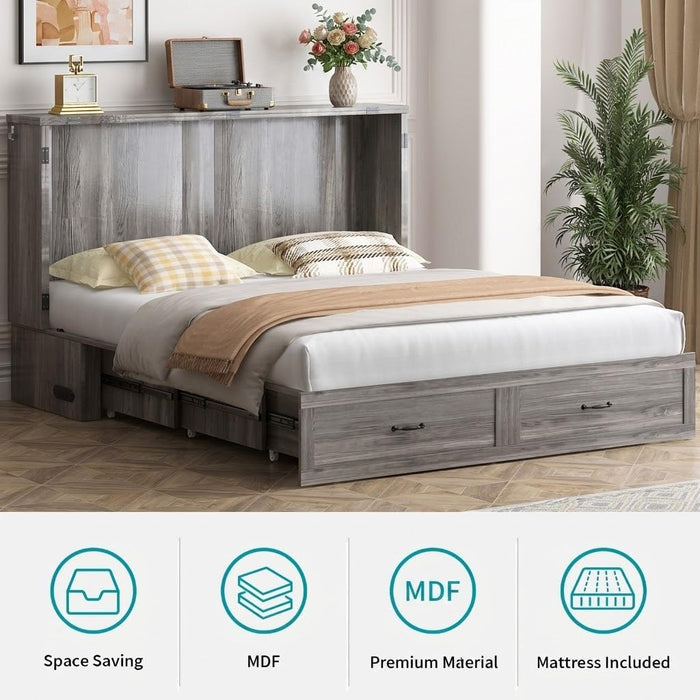 Grey QueenSize MurphyBed With Mattress USBCharging