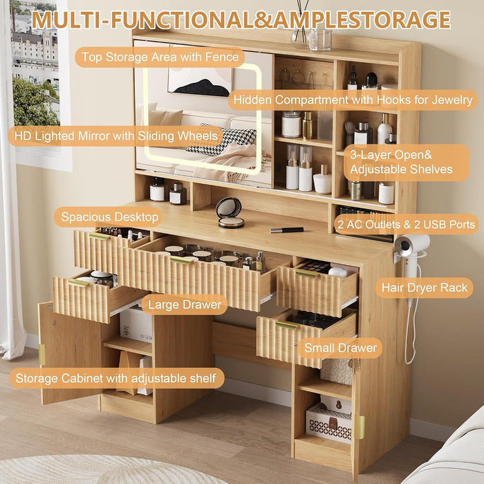 Makeup Vanity Desk with Mirror, Fluted Vanity with 5 Drawers and 2 Cabinets & Open Shelves and Power Outlet & Sliding Lighted Mirror and 3 Lighting Modes, Wood Dressing Table for Bedroom, Natural Oak