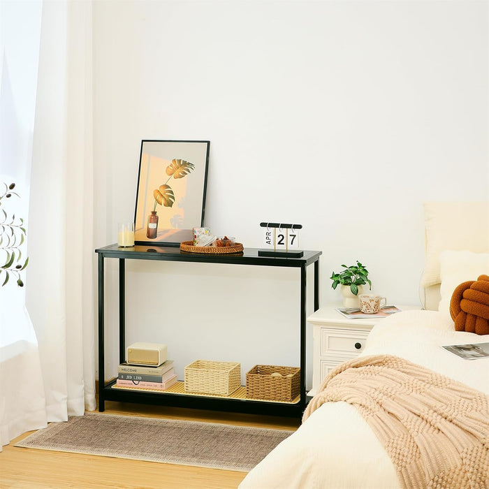 Bamboo Narrow Console Table, 39.4"(L) Wood Small Entryway Table with Rattan and Glass, Accent Slim Hallway Tables, Thin Sofa Side Tables for Hallway, Living Room, Bedroom, Foyer, Black