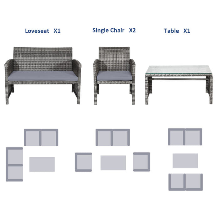 4 Pieces Patio Rattan Furniture Set with Glass Table and Loveseat