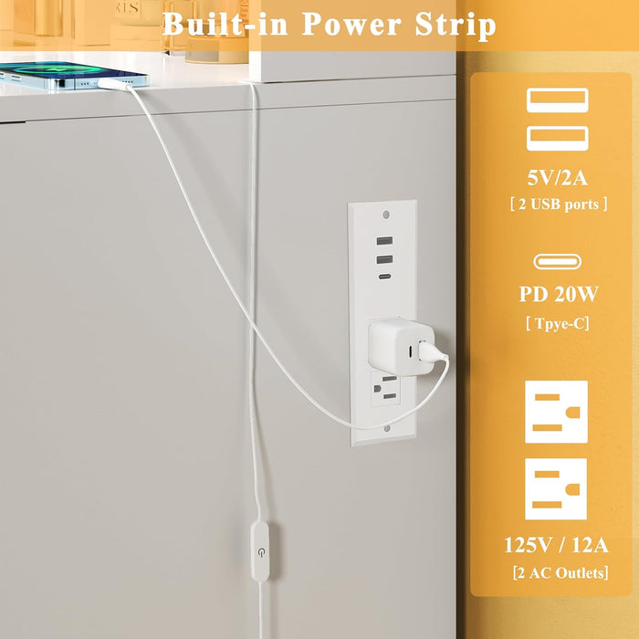 Vanity Desk with Mirror and Lights, 35.4'' Makeup Vanity with Glass Top & Power Outlet, White Vanity Table with 4 Large Drawers & 3 Hidden Storage Shelves, 3 LED Lighting Modes & Adjustable Brightness