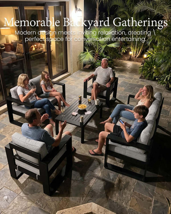 5 Pieces Aluminum Outdoor Patio Furniture Set, Metal Modern Conversation Sofa Set with Fire Pit Table and Washable Thick Cushions for Porch, Backyard, Deck