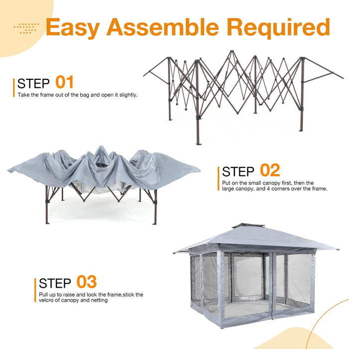 13'X13' Pop up Gazebo, Outdoor Gazebo Tent with W/ Netting Walls, Double Vented Roof Canopy, Grey