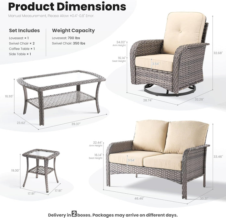 5 Pieces Patio Furniture Set, Outdoor Wicker Sofa with Swivel Chairs, Coffee Table, All Weather High Back Rattan Loveseat Couch with Comfy Cushions, Beige