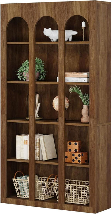 5-Tier Farmhouse Arched Bookshelf, 70.87-Inch Mid Century Modern Arched Bookcase with Open Shelves, Tall Book Shelf Vintage Display Storage Shelving Unit for Home Office, Rustic Brown