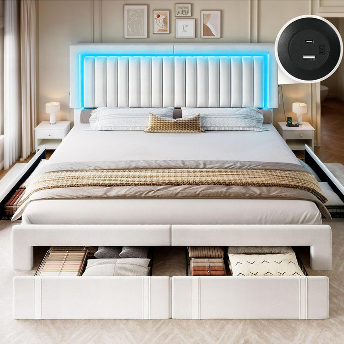 King Size Bed Frame with Adjustable Headboard, 4 Storage Drawers and RGB LED Lights, Velvet Upholstered Platform Bed with USB Ports, No Box Spring Needed, Fast Assembly, Noise-Free, White