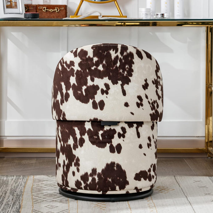 Modern round Swivel Vanity Storage Stool with Foldable Backrest, Linen Upholstered Ottoman with Removable Lid, Footrest Makeup Stool for Living Room Bedroom, Brown Milk Cow
