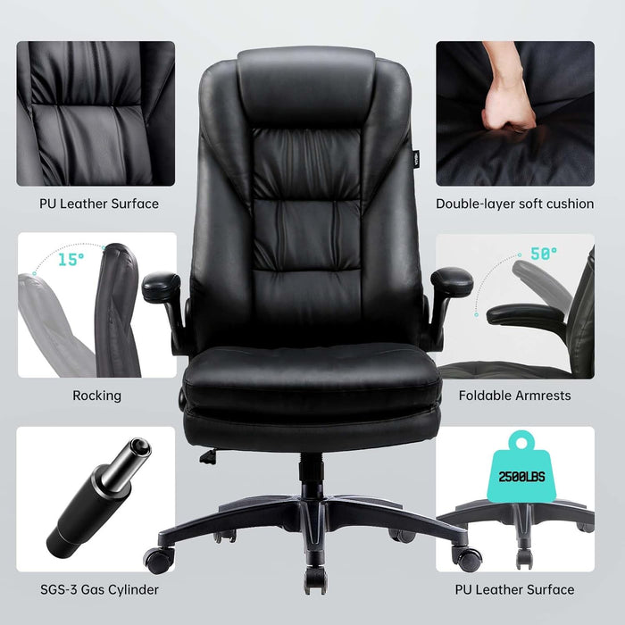 Executive Office Chair, Big and Tall Desk Chair 400Lbs Wide Seat, High Back PU Leather Ergonomic Computer with Adjustable Armrest, 360° Swivel Height, Black