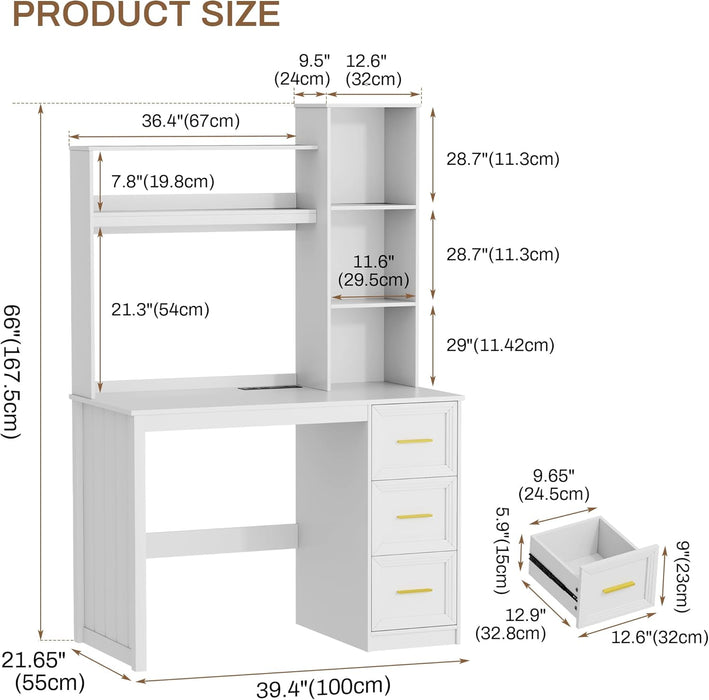 40” Home Office Desk with Hutch and Drawers, Computer Desk with Power Outlets and LED Light, Study Writing Gaming Table with Storage Shelves, Workstation for Bedroom, White