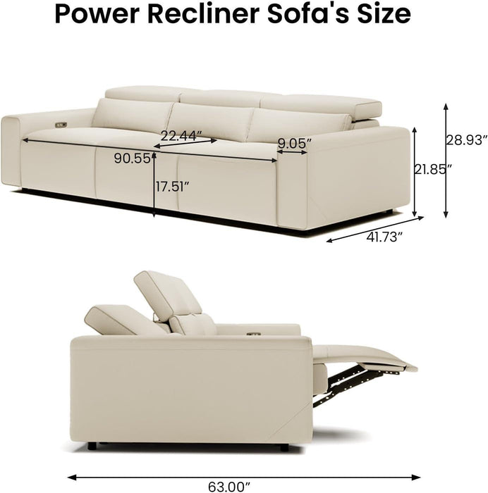 108" Power Recliner Couch, Leather Power Reclining Sofa with Electric Backrest and Footrest, Modular Sectional Sofa for Living Room, Electric Recliner with Wide Seating, Beige