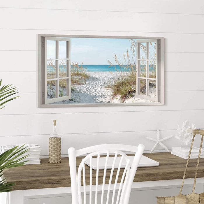 Beach Window Wall Art Canvas: Relaxing Bedroom Living Room Blue Ocean Coastal Scene Picture Modern Tropical Sea Landscape Painting Print Decor Horizontal Summer Seascape Artwork for Home