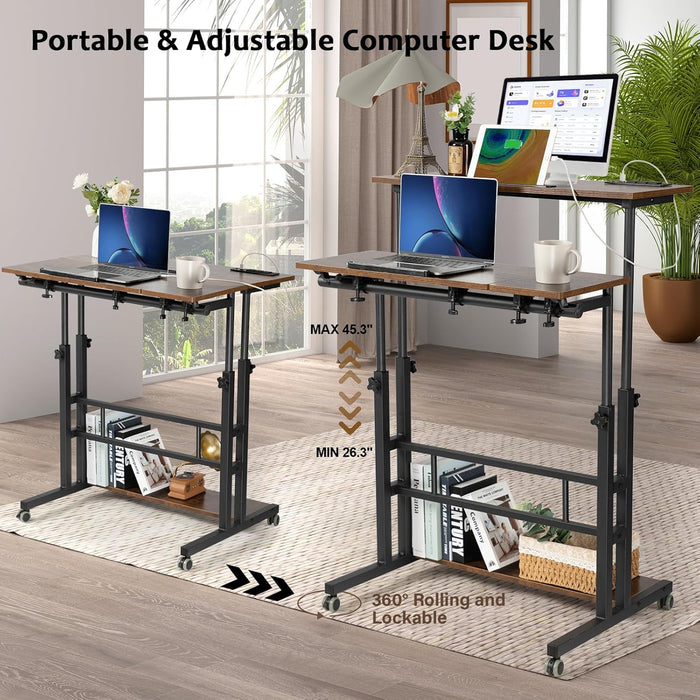 Mobile Standing Desk Adjustable Height, Rolling Desk Stand up Desk, Mobile Laptop Desk, Rolling Computer Desk with Charging Station, Portable Desk with Wheels, Rustic Brown