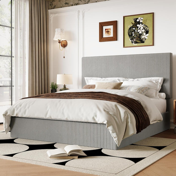 Full Bed Frame, Upholstered Platform Bed, Adjustable Vertical Channel Tufted Headboard, Corduroy Fabric, Modern Low Profile, Wooden Slats, No Box Spring Needed, Easy Assembly, Light Grey