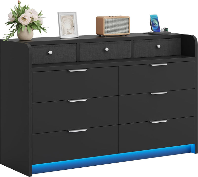 53'' Wide 9 Drawer Dresser for Bedroom, Wood TV Stand Dresser with Power Outlets & LED Light, Chest of Drawers Closet Store Organizer for Living Room, Hallway, Black