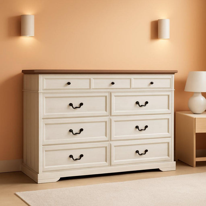 BeigeFinish Solid Wood Dresser With Nine StorageDrawers