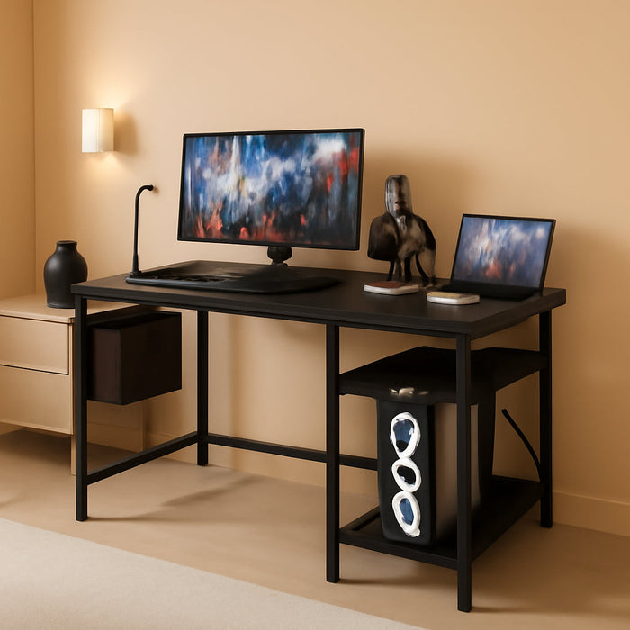 Small Computer Desk with Power Outlets, 40 Inch L Shaped Desk with Reversible Shelves, Gaming Desk Corner Desk Study Writing Table for Home Office Bedroom Living Room, Black