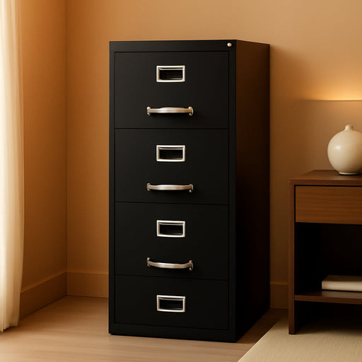4 Drawer Metal Vertical File Cabinet with Lock, 22" Deep, Letter Size, Home/Office, Preassembled, Commercial Grade, Black Finish