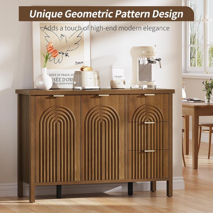 Sideboard Buffet Cabinet with Storage - Fluted Accent Coffee Bar Cabinets Kitchen Credenza with Drawers & Doors, Wood Console Side Board with Adjustable Shelf for Living Room Entryway, Walnut