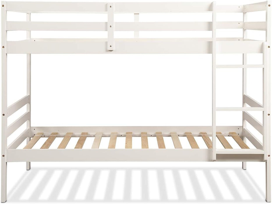 Twin over Twin Bunk Beds, Wood Convertible Two Beds, Solid Rubberwood Bunk Bed with 1 Pcs Built-In Ladder and Safety Rails, No Box Spring Needed, Space Saving Bed Frame for Bedroom (White)